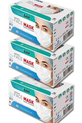 Medilive Tek Kullanımlık 3 Katlı Lastikli Telli 150'li Yetişkin Ultrasonik Cerrahi Maske Beyaz