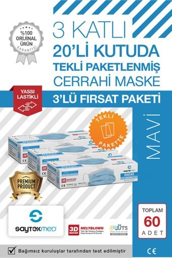 Saytekmed Tek Kullanımlık 3 Katlı Lastikli Telli 60'lı Yetişkin Maske Beyaz