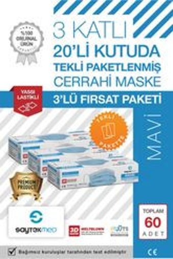 Saytekmed Tek Kullanımlık 3 Katlı Lastikli Telli 60'lı Yetişkin Maske Beyaz