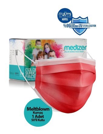 Medizer Tek Kullanımlık 3 Katlı Lastikli Telli 50'li Yetişkin Ultrasonik Cerrahi Maske Kırmızı
