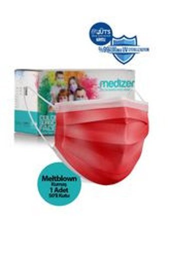 Medizer Tek Kullanımlık 3 Katlı Lastikli Telli 50'li Yetişkin Ultrasonik Cerrahi Maske Kırmızı