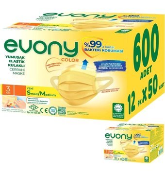 Evony Tek Kullanımlık 3 Katlı Lastikli Telli 600'lü Yetişkin Cerrahi Maske Sarı