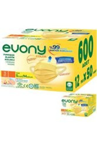 Evony Tek Kullanımlık 3 Katlı Lastikli Telli 600'lü Yetişkin Cerrahi Maske Sarı
