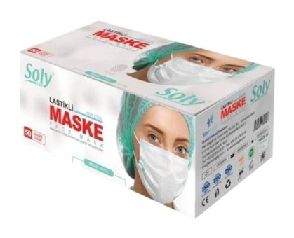 Soly Care Tek Kullanımlık 3 Katlı Lastikli Telli 50'li Yetişkin Ultrasonik Maske