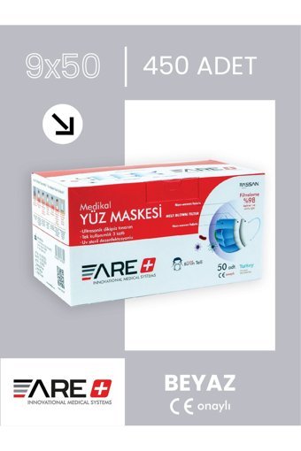 Are Tek Kullanımlık 3 Katlı Lastikli Telli 450'li Yetişkin Ultrasonik Cerrahi Maske