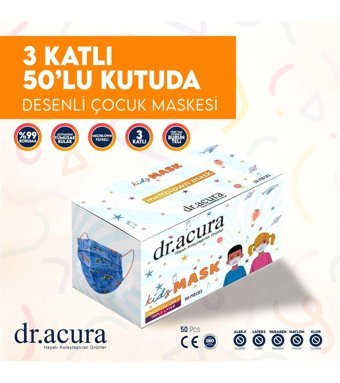 Acura Tek Kullanımlık 3 Katlı Lastikli Telli 50'li Yetişkin Maske Çok Renkli