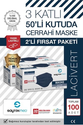 Saytekmed Tek Kullanımlık 3 Katlı Lastikli Telli 60'lı Yetişkin Maske Mavi