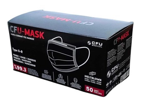 Cfu Tek Kullanımlık Lastikli Telli 50'li Yetişkin Cerrahi Maske Siyah