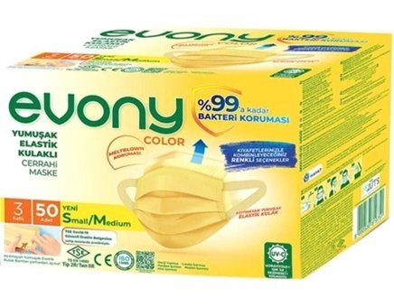 Evony Tek Kullanımlık 3 Katlı Lastikli Telli 50'li Yetişkin Cerrahi Maske Sarı