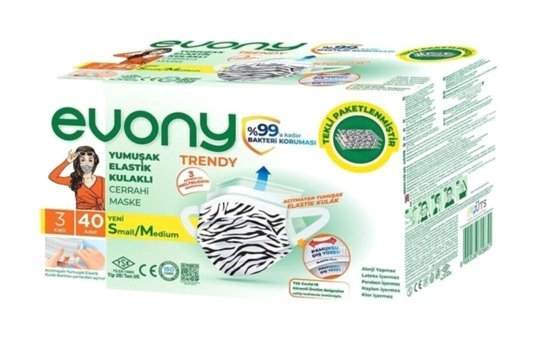 Evony Tek Kullanımlık 3 Katlı Lastikli Telli 40'lı Yetişkin Cerrahi Maske Beyaz