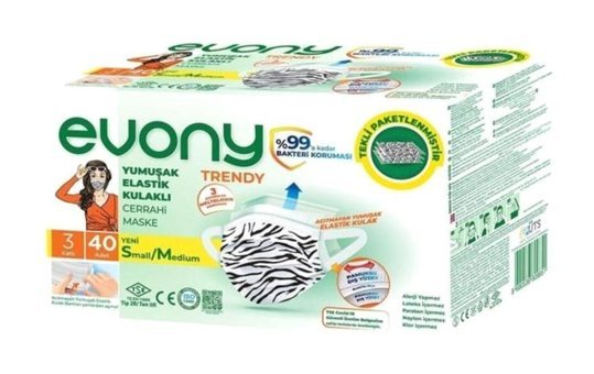 Evony Tek Kullanımlık 3 Katlı Lastikli Telli 40'lı Yetişkin Cerrahi Maske Beyaz