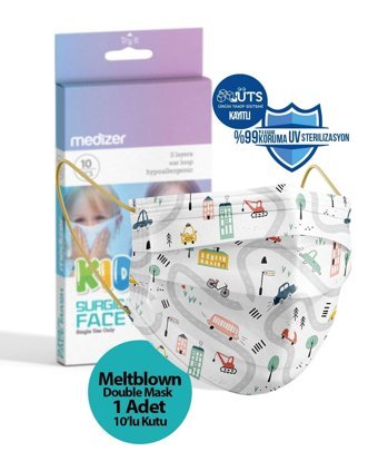 Medizer Tek Kullanımlık 3 Katlı Lastikli Telli 10'lu Çocuk Ultrasonik Cerrahi Maske Beyaz