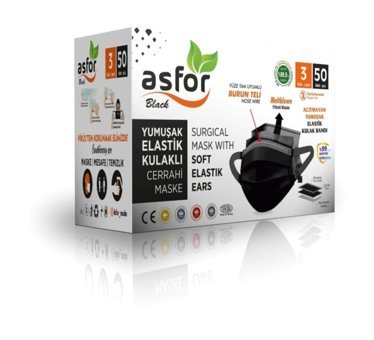Asfor Tek Kullanımlık 3 Katlı Lastikli Telli 50'li Yetişkin Cerrahi Maske Siyah