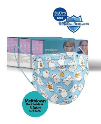 Medizer Tek Kullanımlık 3 Katlı Lastikli Telli 150'li Çocuk Ultrasonik Cerrahi Maske Mavi