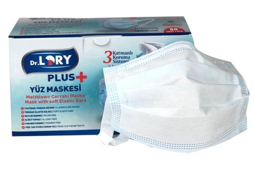 Dr. Lory Tek Kullanımlık 3 Katlı Lastikli Telli 50'li Yetişkin Maske