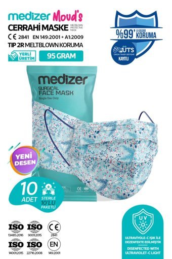 Medizer Tek Kullanımlık 3 Katlı Lastikli Telli 10'lu Yetişkin Ultrasonik Cerrahi Maske Beyaz