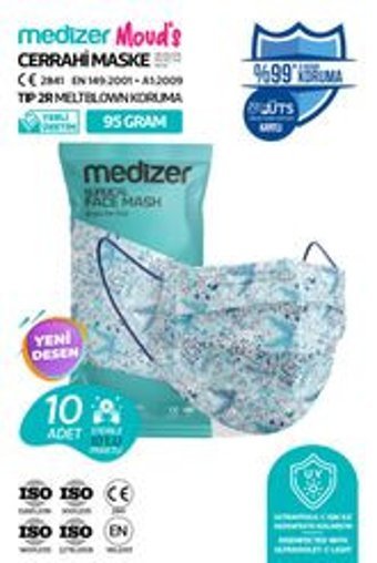 Medizer Tek Kullanımlık 3 Katlı Lastikli Telli 10'lu Yetişkin Ultrasonik Cerrahi Maske Beyaz