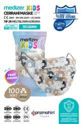 Medizer Tek Kullanımlık 3 Katlı Lastikli Telli 100'lü Çocuk Ultrasonik Cerrahi Maske Çok Renkli