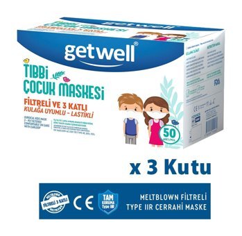 Getwell Tek Kullanımlık 3 Katlı Lastikli Telli 150'li Çocuk Maske Beyaz