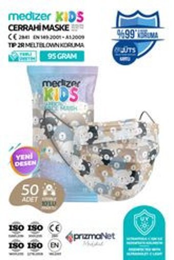 Medizer Tek Kullanımlık 3 Katlı Lastikli Telli 50'li Çocuk Ultrasonik Cerrahi Maske Kahverengi