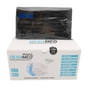 Desamed Tek Kullanımlık 3 Katlı Lastikli Telli 50'li Yetişkin Ultrasonik Maske Siyah