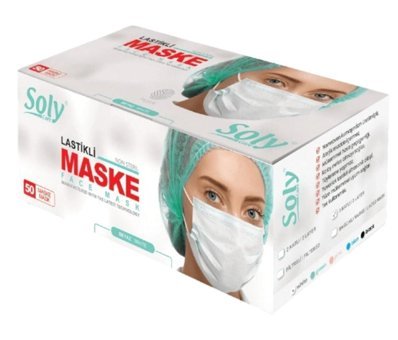 Soly Care Tek Kullanımlık 3 Katlı Lastikli Telli 500'lü Yetişkin Ultrasonik Cerrahi Maske Beyaz