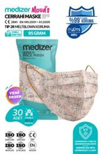 Medizer Tek Kullanımlık 3 Katlı Lastikli Telli 30'lu Yetişkin Ultrasonik Cerrahi Maske Bej