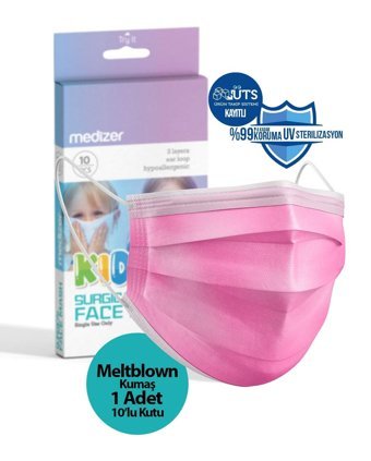 Medizer Tek Kullanımlık 3 Katlı Lastikli Telli 10'lu Çocuk Ultrasonik Cerrahi Maske Pembe