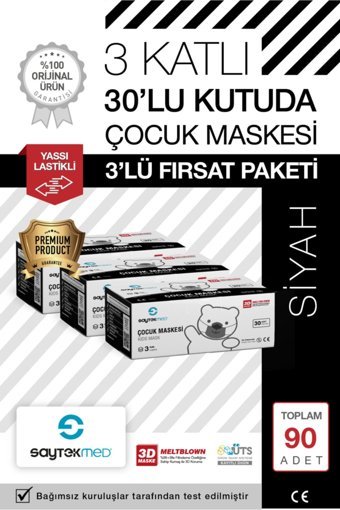 Saytekmed Tek Kullanımlık 3 Katlı Lastikli Telli 60'lı Çocuk Maske Siyah