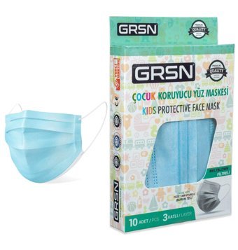 Grsn Tek Kullanımlık 3 Katlı Lastikli Telli 10'lu Çocuk Maske Mavi
