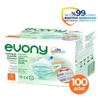 Evony Tek Kullanımlık 3 Katlı Lastikli Telli 100'lü Yetişkin Cerrahi Maske Mavi