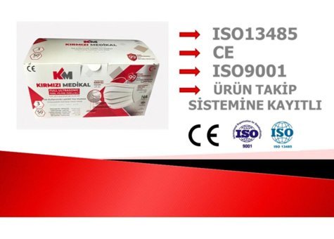 Kırmızı Medikal Tek Kullanımlık 3 Katlı Lastikli Telli 50'li Yetişkin Maske Beyaz
