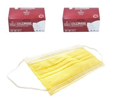Medkaya Tek Kullanımlık 3 Katlı Lastikli Telli 100'lü Yetişkin Maske Sarı