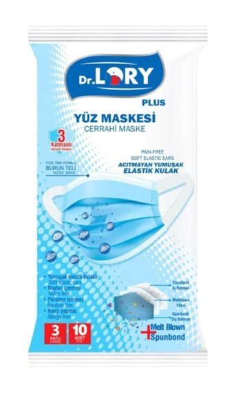 Dr. Lory Tek Kullanımlık 3 Katlı Lastikli Telli 10'lu Yetişkin Cerrahi Maske Mavi