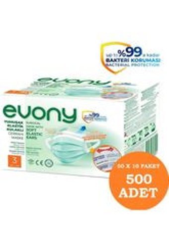 Evony Tek Kullanımlık 3 Katlı Lastikli Telli 500'lü Yetişkin Cerrahi Maske