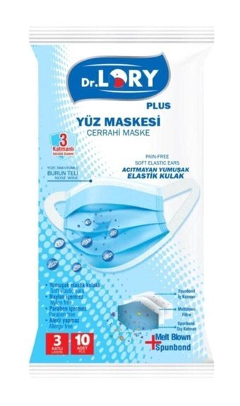 Dr. Lory Tek Kullanımlık 3 Katlı Lastikli Telli 30'lu Yetişkin Cerrahi Maske Mavi