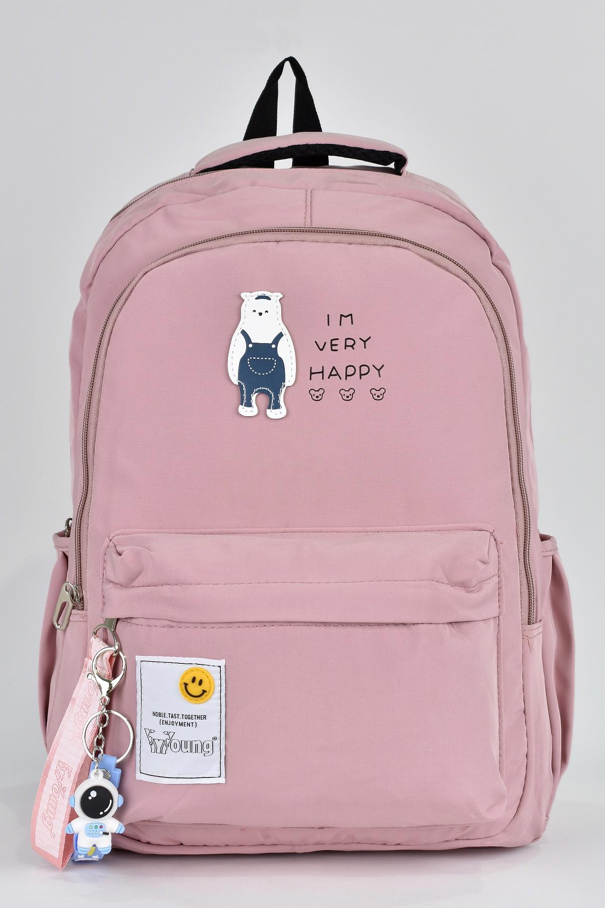 Elatae 51501 Ayı Hayvan Su Geçirmez 3 Gözlü Pembe Lise-Üniversite Unisex Sırt Çantası