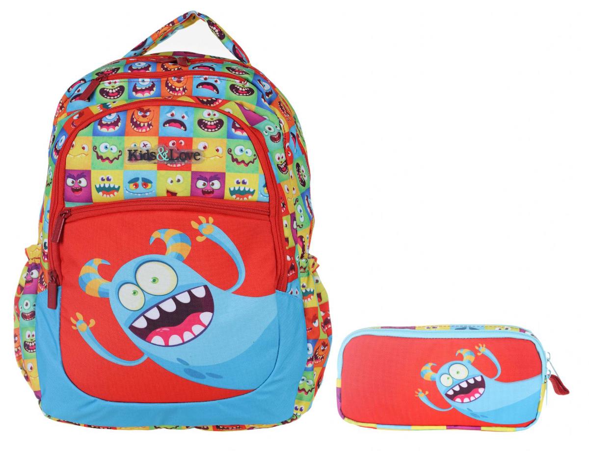 Kaukko Kids&Love Sevimli Canavarlar 4 Gözlü Çok Renkli İlkokul Erkek Çocuk Sırt Çantası + Kalemlik