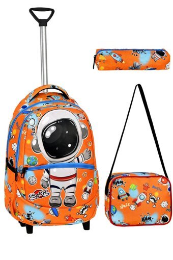 Gülşah Çaptı Bag Astronot Uzay Tekerlekli Su Geçirmez 5 Gözlü Turuncu İlkokul Erkek Çekçekli Çanta Seti