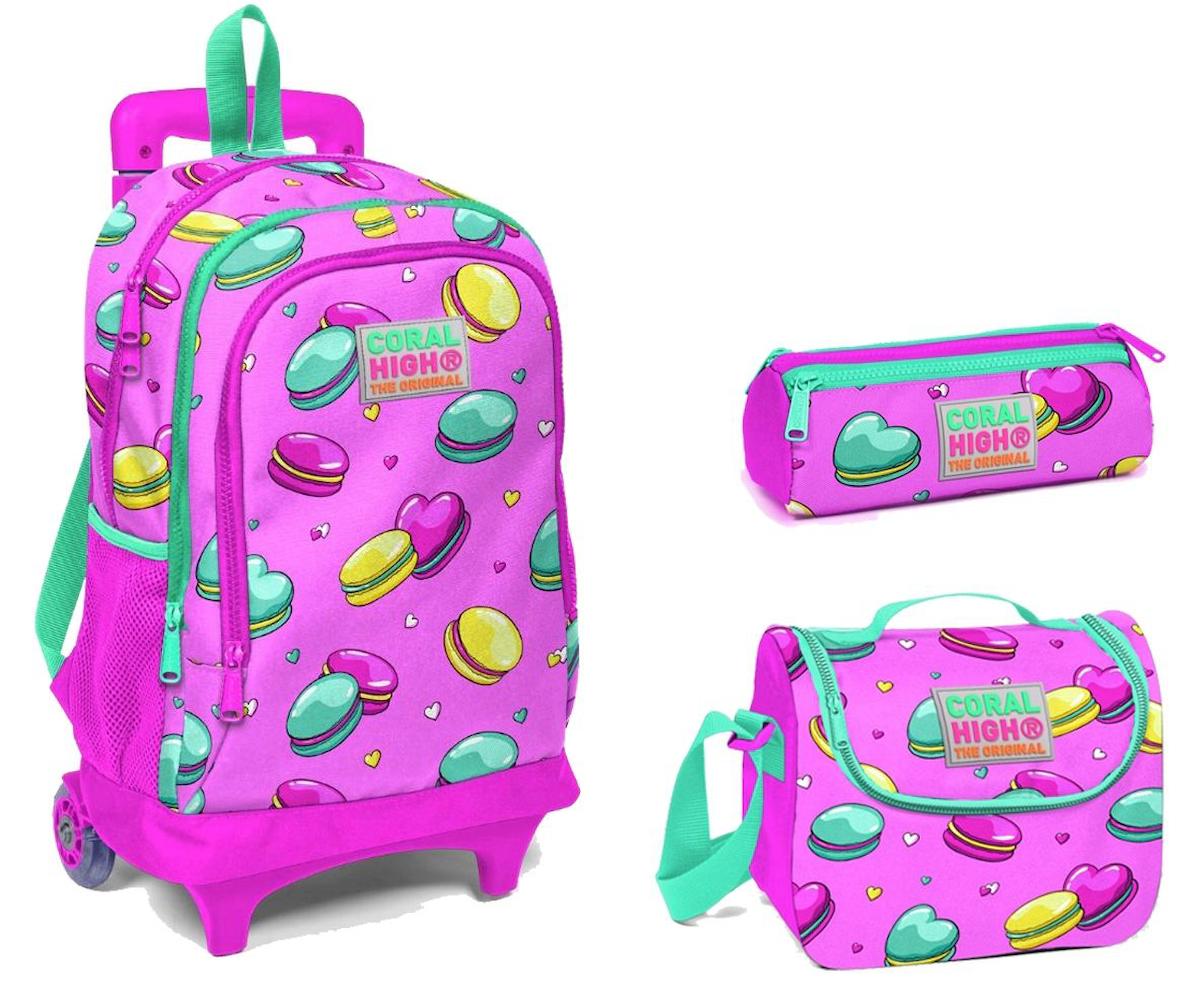 Yaygan Çanta Kids Macaron Tekerlekli Su Geçirmez 3 Gözlü Pembe İlkokul Kız Çocuk Çekçekli Çanta Seti