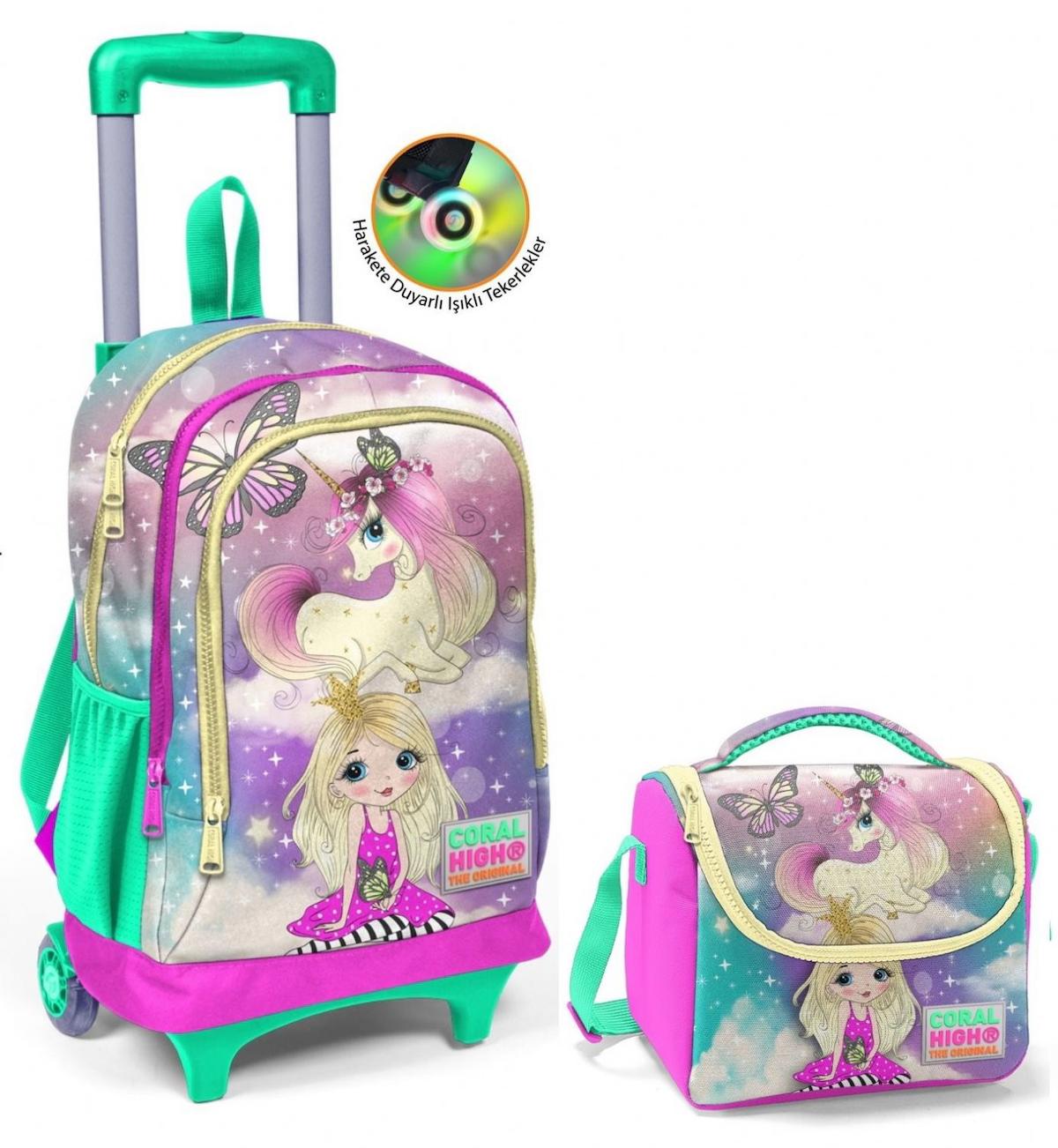 Yaygan Çanta Kids Unicorn Hayvan Tekerlekli Su Geçirmez 3 Gözlü Su Yeşili İlkokul Kız Çocuk Çekçekli Çantası + Beslenme Çantası