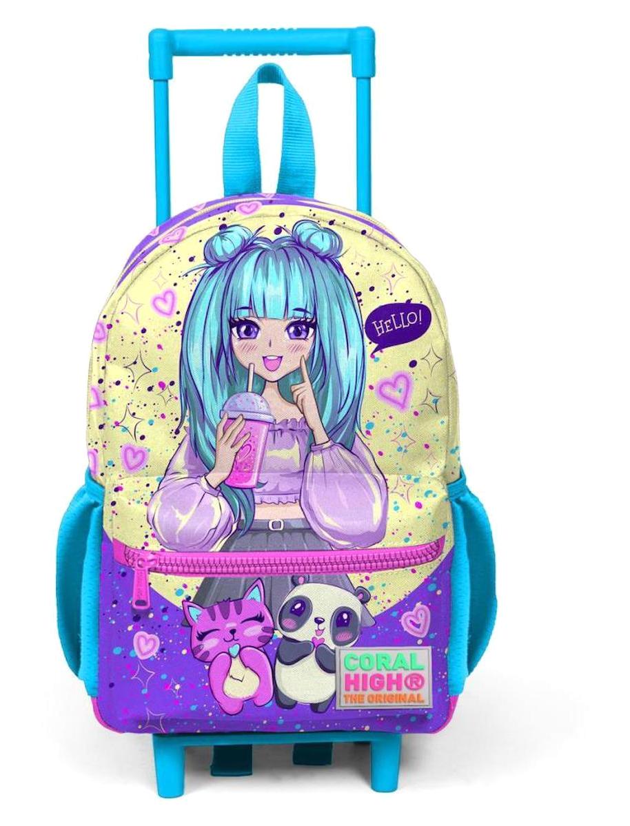 Yaygan Çanta 24035 Anime Tekerlekli Su Geçirmez 2 Gözlü Çok Renkli Anaokulu Kız Çocuk Çekçekli Çantası