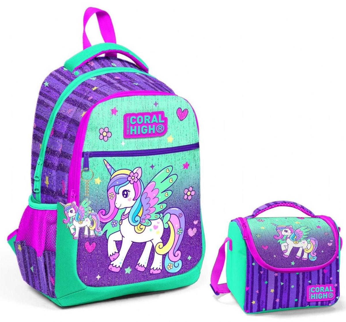 Yaygan Çanta Kids Unicorn Hayvan Su Geçirmez 3 Gözlü Mor İlkokul Kız Çocuk Sırt Çantası + Beslenme Çantası