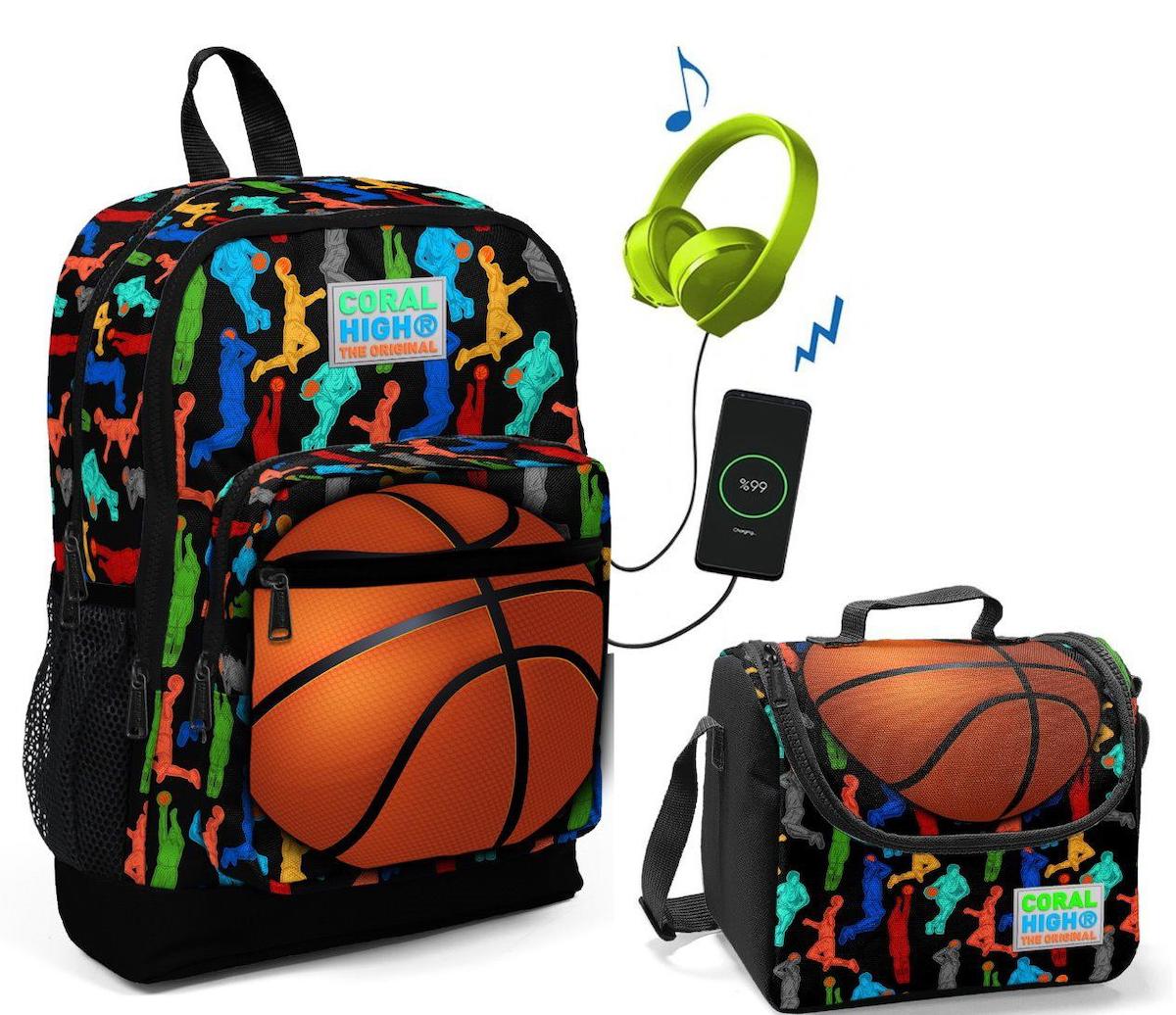 Yaygan Çanta Kids Basketbol Su Geçirmez 4 Gözlü Turuncu İlkokul Erkek Çocuk Sırt Çantası + Beslenme Çantası