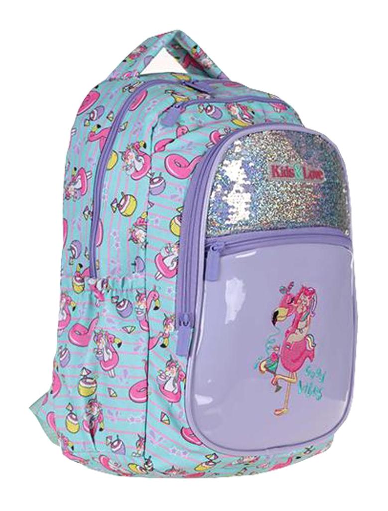 Kaukko L5068 Flamingo Hayvan 4 Gözlü Turkuaz İlkokul Kız Çocuk Sırt Çantası