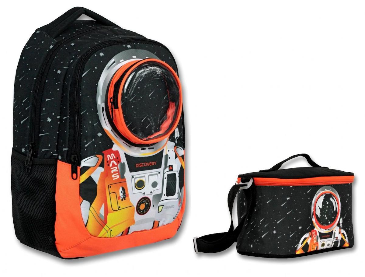 Ümit Çanta 6005 Astronot Uzay 5 Gözlü Siyah-Turuncu İlkokul Erkek Çocuk Sırt Çantası + Beslenme Çantası