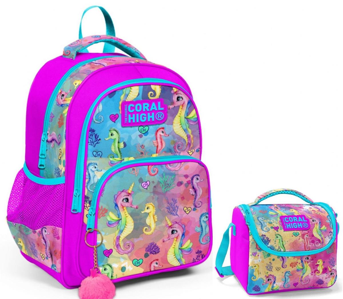 Yaygan Çanta Kids Deniz Atı Hayvan Su Geçirmez 3 Gözlü Pembe İlkokul Kız Çocuk Sırt Çantası + Beslenme Çantası