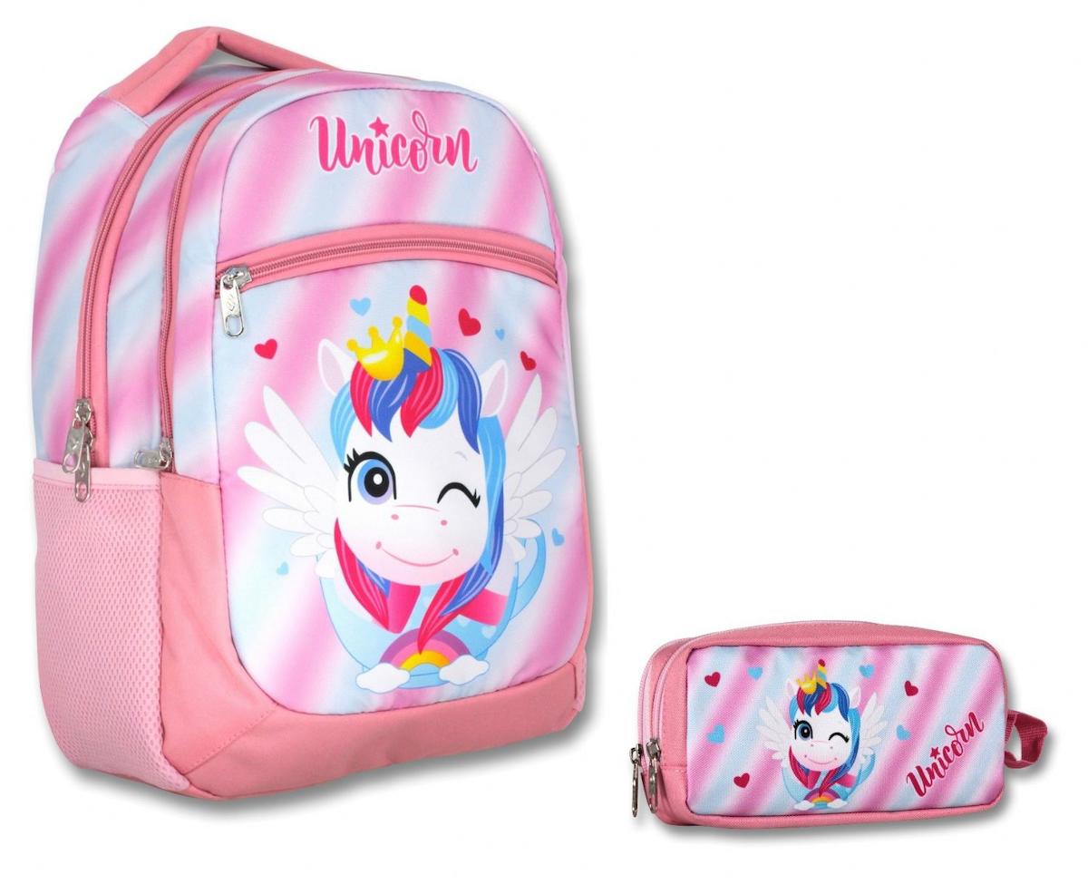 Ümit Çanta 3190 Unicorn Hayvan 5 Gözlü Açık Pembe İlkokul Kız Çocuk Sırt Çantası + Kalemlik