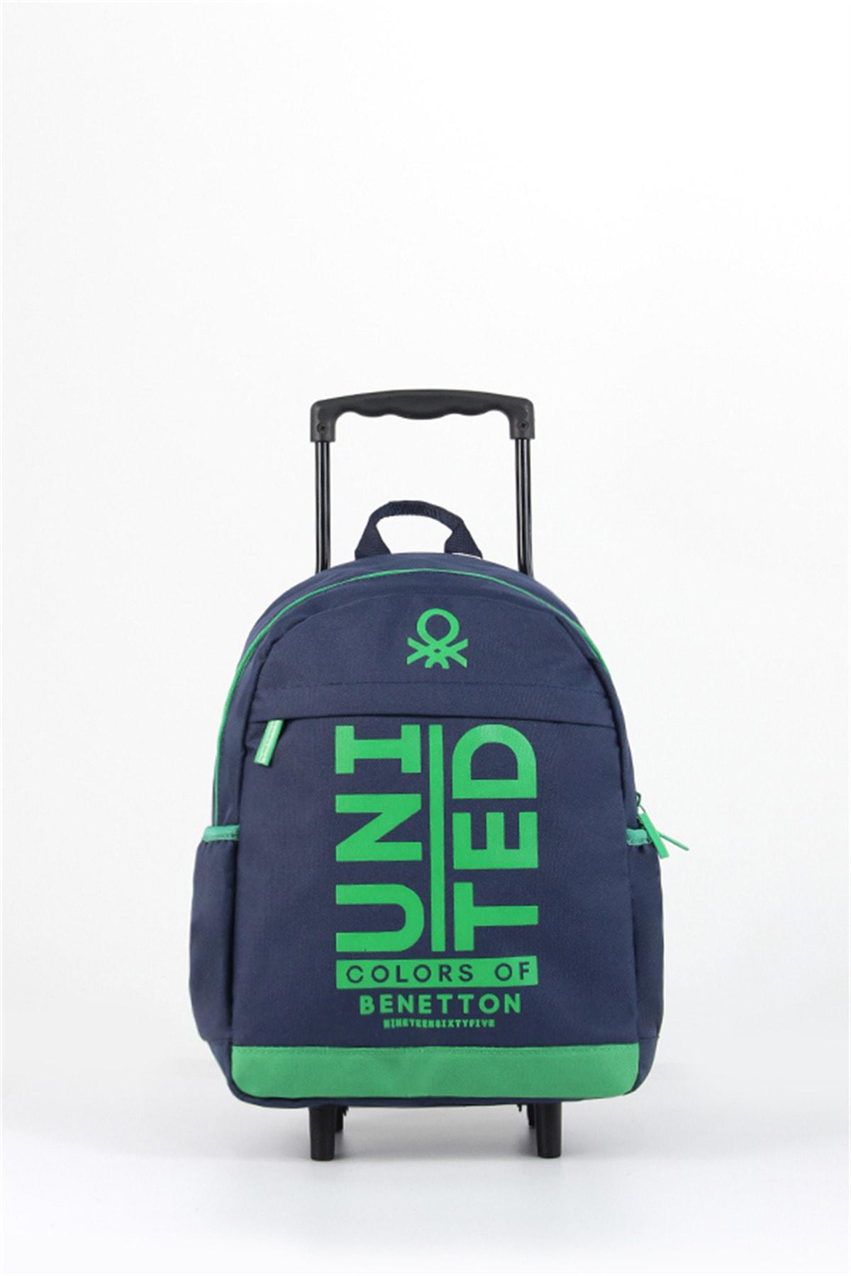 United Colors Of Benetton 76077 Yazılı Tekerlekli 2 Gözlü Lacivert Anaokulu Unisex Çekçekli Çantası