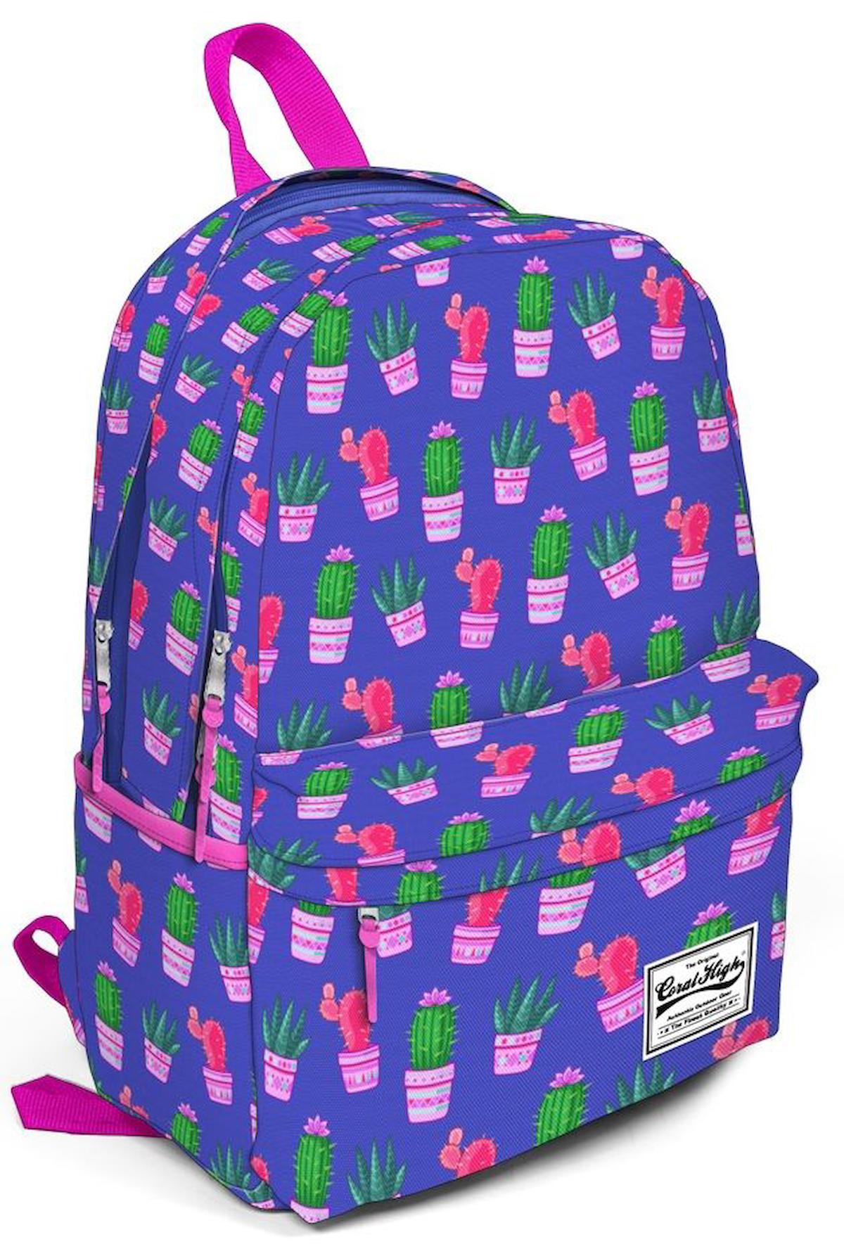 Yaygan Çanta Kids Kaktüs Su Geçirmez 3 Gözlü Mavi-Pembe Lise-Üniversite Unisex Sırt Çantası
